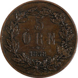 SWEDEN Oscar I Bronze 1858/7  5 Ore  OVERDATE  KM# 690 (20 426)