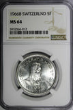 Switzerland Silver 1966 B 5 Francs NGC MS64 GEM BU KM# 40 (012)