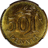 FINLAND Aluminum-Bronze 1963-S 50 Pennia NGC MS64 1st Year Type KM# 48