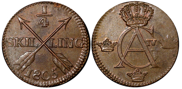 SWEDEN Gustaf IV Adolf Copper 1805 1/4 Skilling Avesta mint Unc KM# 564 (21 015)