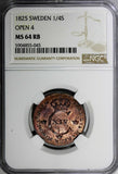 SWEDEN Carl XIV Copper 1825 1/4 SKILLING Open"4" NGC MS64 RB TOP GRADE KM595 (5)