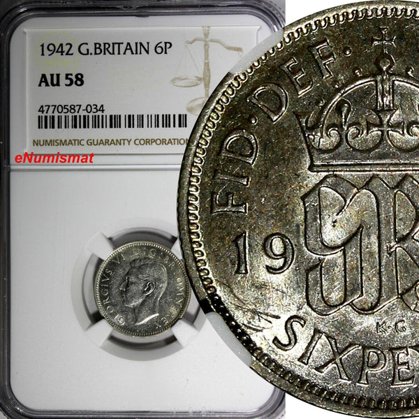 Great Britain George VI Silver 1942 6 Pence NGC AU58 KM# 852 (034)