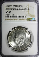 SWEDEN Silver 1959 TS 5 Kronor NGC MS63 Constitution Sesquicentennial KM#830(0)