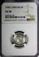 GREAT BRITAIN George VI Silver 1940 6 Pence NGC AU58  KM# 852 (178)