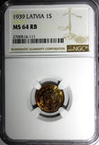 LATVIA Bronze 1939 1 Santims NGC MS64 RB Nice Red Toning BU KM# 10 (111)