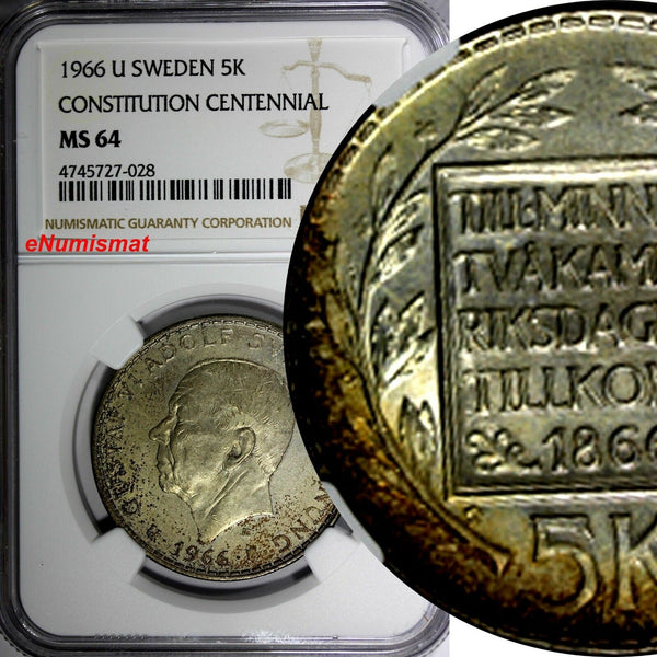 SWEDEN Silver 1966-U 5 Kronor NGC MS64 Constitution Reform 1 YEAR TYPE KM#839(8)