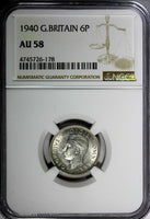 GREAT BRITAIN George VI Silver 1940 6 Pence NGC AU58  KM# 852