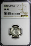 GREAT BRITAIN George VI Silver 1940 6 Pence NGC AU58  KM# 852