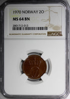 NORWAY Olav V Bronze 1970 2 Ore NGC MS64 BN PROOF LIKE SURFACE KM# 410 (013)