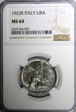 Italy Vittorio Emanuele III 1922 R 1 Lira NGC MS64 GEM BU KM# 62 (37)
