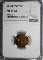 Italy Umberto I Copper 1897-R 2 Centesimi NGC MS64 RB Nice Toning KM# 30 (244)