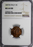 Italy Umberto I Copper 1897-R 2 Centesimi NGC MS64 RB Nice Toning KM# 30 (244)