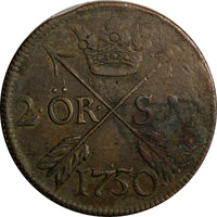Sweden Frederick I 1750 2 Ore, S.M. Low Mintage-353,000 Brown KM# 437