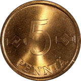 Finland Copper 1966 5 Penniä Choice BU KM# 45 (20 210)