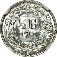 Switzerland Silver 1951-B 1/2 Franc NGC MS62  Helvetia KM# 23 (024)