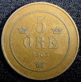 SWEDEN Oscar II Bronze 1903 5 Öre 27mm Mintage-243,000 KM# 757 (23 168)