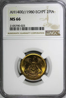 Egypt Aluminum-Bronze AH1400//1980 2 Piastres NGC MS66 TOP GRADED KM# 500 (025)