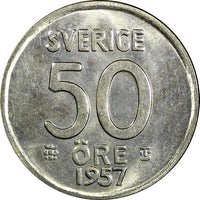 Sweden Gustaf VI Silver 1957 TS 50 Ore  UNC KM# 825 (006)