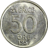 Sweden Gustaf VI Silver 1957 TS 50 Ore  UNC KM# 825 (006)