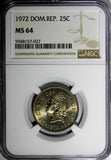 DOMINICAN REPUBLIC 1972 25 Centavos NGC MS64 GEM Mintage-800,000 KM# 20a.1 (027)