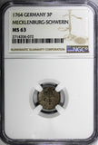 German MECKLENBURG-SCHWERIN Silver 1764 3 Pfennig NGC MS63 TOP GRADED KM#202(72)