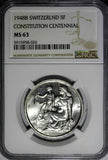 Switzerland Silver 1948 B 5 Francs NGC MS63 Constitution Centennial KM# 48 (026)
