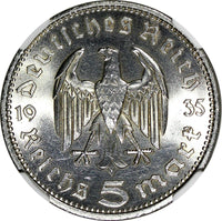 Germany-Third Reich Silver 1935 A 5 Reichsmark NGC UNC DET Hindenburg KM# 86(1)