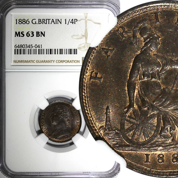 Great Britain Victoria Bronze 1886 Farthing NGC MS63 BN Britannia KM# 753 (41)