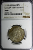German States BAVARIA-90TH BIRTHDAY 1911 D 2 Mark NGC MS62 Nice Toned KM997(004)