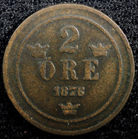 Sweden Oscar II Copper 1876/5  2 Ore OVERDATE SCARCE KM# 735   (23 117)