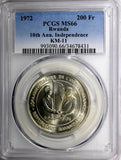 Rwanda Silver 1972 200 Francs PCGS MS66 10th Anniv.Independence TOP GRADED KM#11
