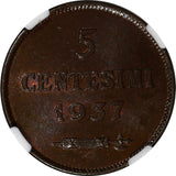 San Marino Bronze 1937-R 5 Centesimi NGC MS64 BN KEY DATE TOP GRADED KM# 12