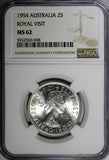 Australia Silver 1954 Florin Royal Visit of Elizabeth II NGC MS62 KM# 55 (008)