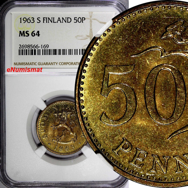 FINLAND Aluminum-Bronze 1963-S 50 Pennia NGC MS64 1st Year Type KM# 48 (169)