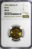 Great Britain George VI Brass 1944 3 Pence WWII Issue NGC MS64 KM# 849 (30)