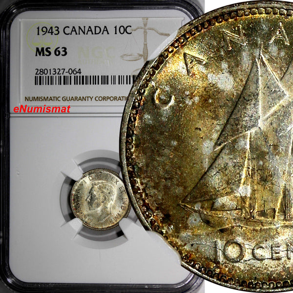 CANADA George VI Silver 1943 10 Cents NGC MS63 Lightly Toned KM# 34 (064)