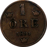SWEDEN Oscar II 1894 1 Ore Mintage-590,000 Large Letters RARE DATE KM#750 (866)