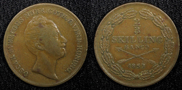 SWEDEN Oscar I Copper 1852 2/3  Skilling KM# 663 (22 552)