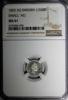 Sweden Oscar I Silver 1853 AG 1/32 Riksdaler NGC MS61 SMALL "AG" KM# 681 (98)