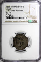 ITALY.SAVOY. Emanuele Filiberto as Duke 1553-1580. Billon Soldo NGC AU58 Toned