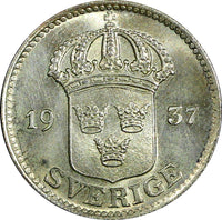 Sweden Gustaf V Silver 1937 G  25 Öre  Small "G" GEM BU KM# 785 (22 048)