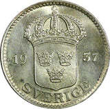 Sweden Gustaf V Silver 1937 G  25 Öre  Small "G" GEM BU KM# 785 (22 048)