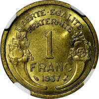 France Aluminum-Bronze 1937 1 Franc NGC MS64 1 GRADED HIGHEST BY NGC KM# 885
