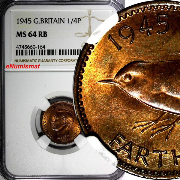 Great Britain George VI Bronze 1945 Farthing NGC MS64 RB RED TONING KM# 843 (64)