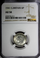 GREAT BRITAIN George VI Silver 1941 6 Pence NGC AU58  KM# 852  (211)