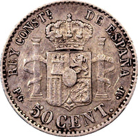 Spain Alfonso XIII SILVER 1892 (92) PG-M 50 Centimos KM# 690 (9009)