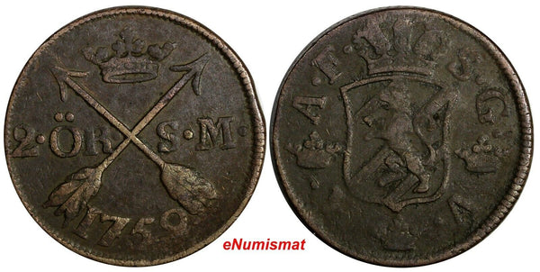 SWEDEN Adolf Frederick 1759 2 Ore,S.M Low Mintage:352,000 SCARCE KM#461(15 061)