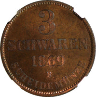 Germany OLDENBURG 1869-B 3 Schwaren NGC MS65 RB TOP GRADED Ex.HORN KM# 191 (125)