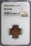 SWEDEN Gustaf IV Adolf 1802 1/12 Skilling NGC MS65 RB RED! TOP GRADED! KM#563(3)