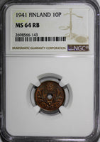 Finland Copper 1941 10 Pennia NGC MS64 RB HIGH GRADED   KM# 33.1